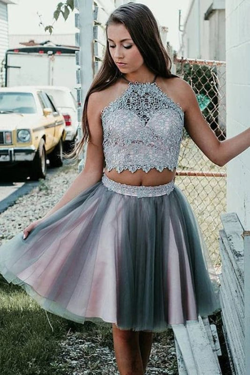 Two Pieces Knee Length Halter Tulle Homecoming Dresses with Lace Appliques - Prom Dresses