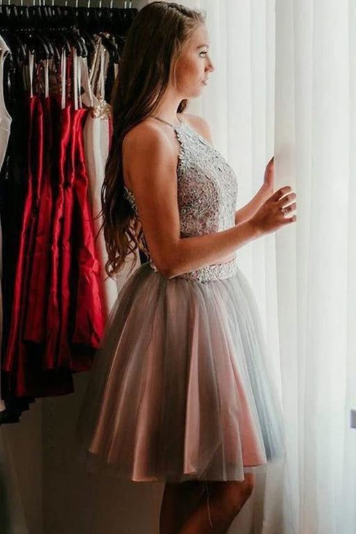 Two Pieces Knee Length Halter Tulle Homecoming Dresses with Lace Appliques - Prom Dresses