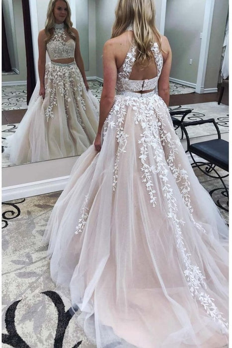Two Pieces Lace Crop Top High Neck Appliques Tulle Prom Dresses with Beads - Prom Dresses