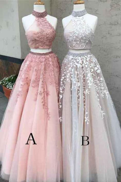 Two Pieces Lace Crop Top High Neck Appliques Tulle Prom Dresses with Beads - Prom Dresses