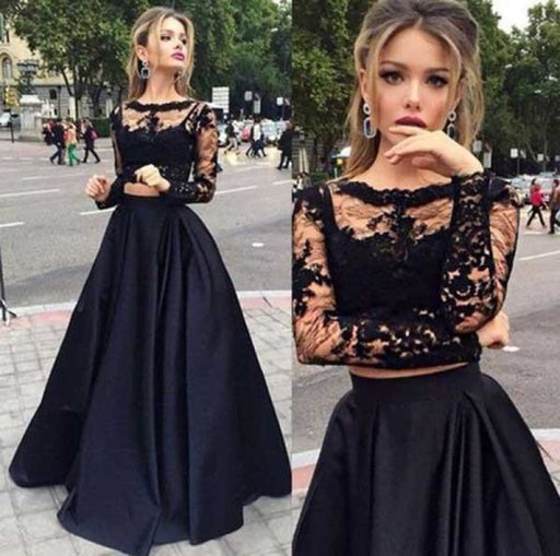 Two Pieces Long Sleeves Lace Top And Satin Prom Dress Party Dresses - Prom Dresses