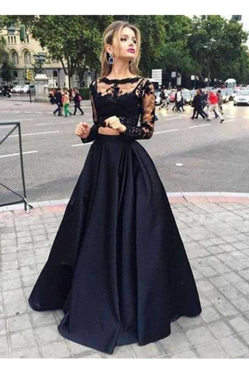 Two Pieces Long Sleeves Lace Top And Satin Prom Dress Party Dresses - Prom Dresses