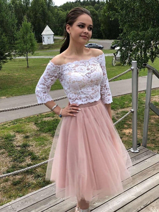 Two Pieces Long Sleeves White Lace Top Pink Short Prom Dresses Homecoming Dresses, Long Sleeves Lace Formal Dresses, Evening Dresses