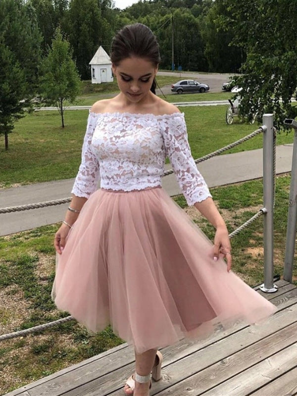 Two Pieces Long Sleeves White Lace Top Pink Short Prom Homecoming
