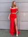 Two Pieces Mermaid Backless Beaded Red Long Prom Dresses with Slit, Two Pieces Mermaid Red Formal Graduation Evening Dresses