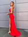 Two Pieces Mermaid Backless Beaded Red Long Prom Dresses with Slit, Two Pieces Mermaid Red Formal Graduation Evening Dresses