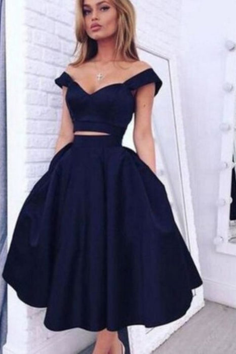 Two Pieces Off Shoulder Navy Blue Homecoming Dresses Short Prom Gowns - Prom Dresses
