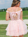 Two Pieces Off the Shoulder Pink Short Prom Dresses Homecoming Dresses with Cross Back, Off Shoulder Two Piece Pink Formal Graduation Evening Dresses