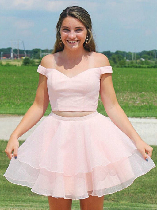 Two Pieces Off the Shoulder Pink Short Prom Dresses Homecoming Dresses with Cross Back, Off Shoulder Two Piece Pink Formal Graduation Evening Dresses