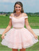 Two Pieces Off the Shoulder Pink Short Prom Dresses Homecoming Dresses with Cross Back, Off Shoulder Two Piece Pink Formal Graduation Evening Dresses