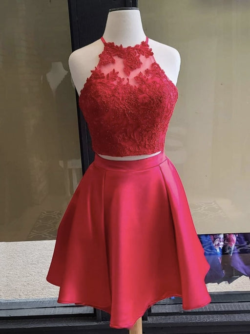 Two Pieces Red Lace Short Prom Dresses, 2 Pieces Red Homecoming Dresses, Red Lace Formal Graduation Evening Dresses 