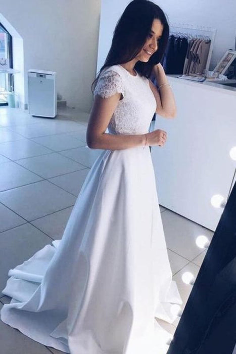 Two Pieces Red Short Sleeve Satin with Lace Top Cheap Prom Dresses - Prom Dresses