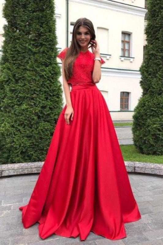 Two Pieces Red Short Sleeve Satin with Lace Top Cheap Prom Dresses - Prom Dresses