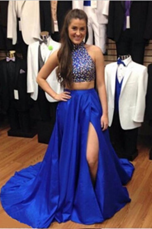 Two Pieces Royal Blue Beaded Long Prom Evening Dresses - Prom Dresses