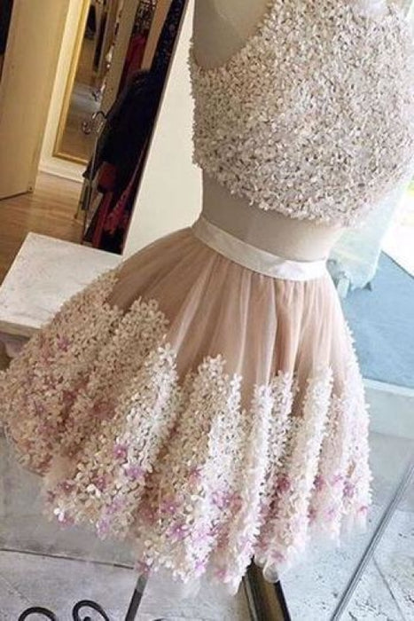 Two Pieces Tulle Appliques Sleeveless Homecoming A-line Mini Party Dresses - Prom Dresses