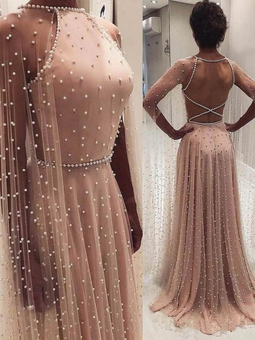 Unique A Line Backless Prom Dresses with Pearls Gorgeous Long Evening Dress - Prom Dresses