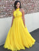 Unique A Line Halter Neck Backless Yellow Chiffon Long Prom Dresses, Halter Yellow Formal Graduation Evening Dresses