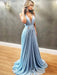 Unique A Line V Neck Blue Pleated Chiffon Long Prom Dresses, V Neck Blue Formal Dresses, Blue Evening Bridesmaid Dresses