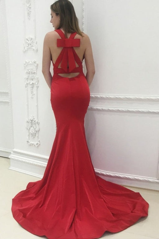 Unique Back Design Red V-neck Sleeveless Mermaid Sweep Train Prom Dresses - Prom Dresses