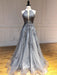Unique Backless Lace Appliques Gray Long Prom Dresses, Backless Gray Lace Formal Dresses, Lace Gray Evening Dresses