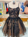 Unique Black Lace Champagne Short Homecoming Prom Dresses, Black Lace Formal Graduation Evening Dresses