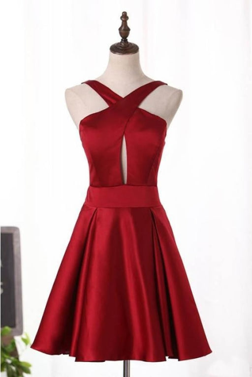 Unique Burgundy Satin Homecoming A Line Short Prom Dress with Keyhole - Prom Dresses