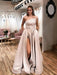Unique Champagne Satin Long Prom Dresses with High Slit, Champagne Formal Graduation Evening Dresses