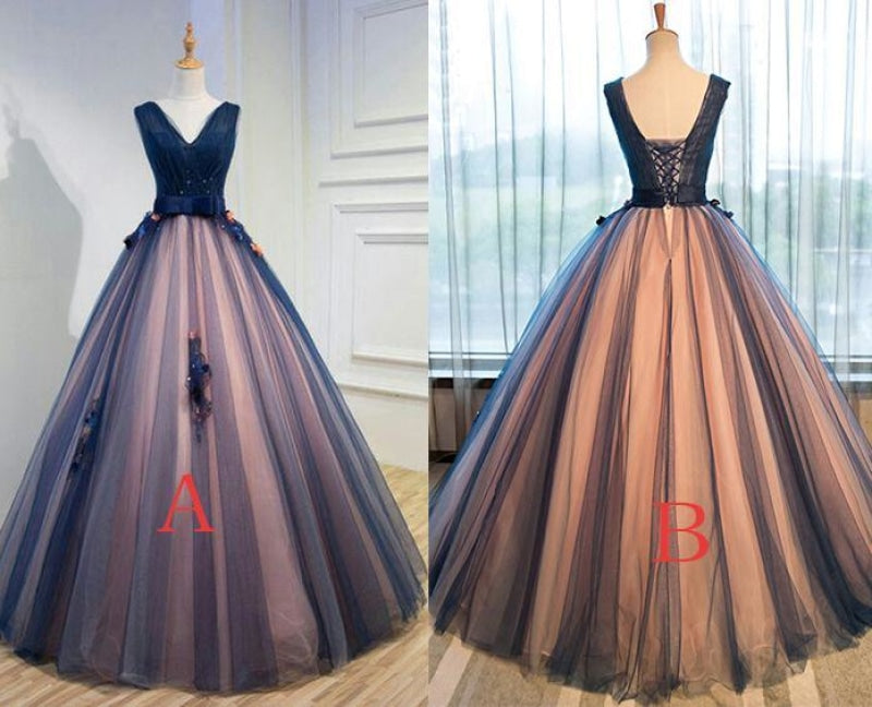 Unique Dark Blue V Neck Sleeveless Appliques Tulle Long Ball Gown Prom Dresses with Bowknot - Prom Dresses