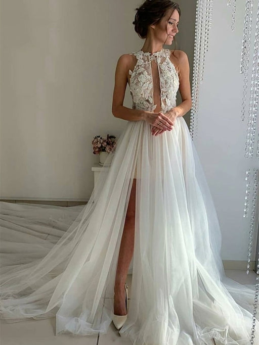 Unique High Neck Lace White Tulle Long Prom Wedding Dresses with High  White Lace Formal Evening Dresses