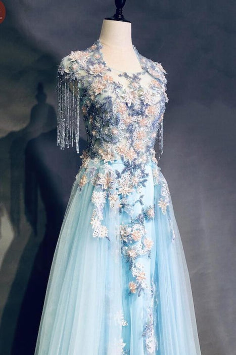 Unique Light Blue Cap Sleeves Prom with Beading Gorgeous Applique Formal Dress - Prom Dresses