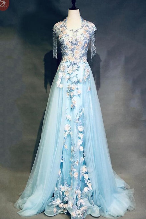 Unique Light Blue Cap Sleeves Prom with Beading Gorgeous Applique Formal Dress - Prom Dresses