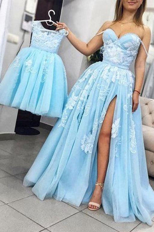 Unique Light Sky Blue Tulle Dress with Slit A Line Sweetheart Long Prom Gown - Prom Dresses