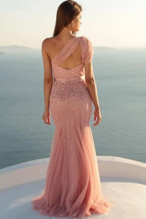 Unique Mermaid One Shoulder Tulle With Beads and Sash Prom Dresses Evening Dress - Prom Dresses