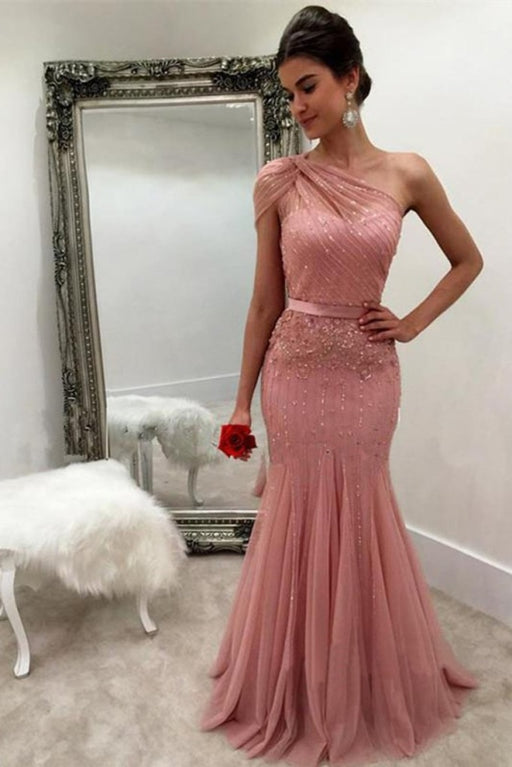 Unique Mermaid One Shoulder Tulle With Beads and Sash Prom Dresses Evening Dress - Prom Dresses