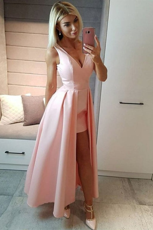 Unique Pink High Low V Neck Prom Dress Cheap Simple Sleeveless Long Formal Dresses - Prom Dresses