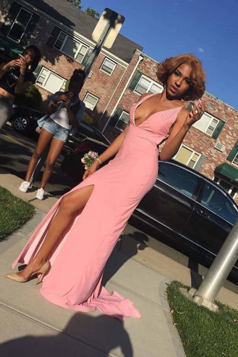Unique Pink Spaghetti Strap Sleeveless Side Slit Evening Gown - Prom Dresses