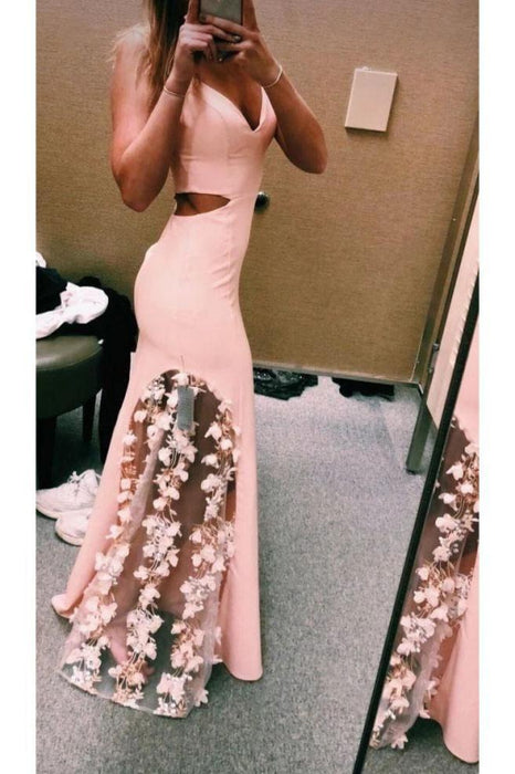 unique pink dresses Unique Pink Spaghetti Strap Mermaid Prom Dress with Flowers