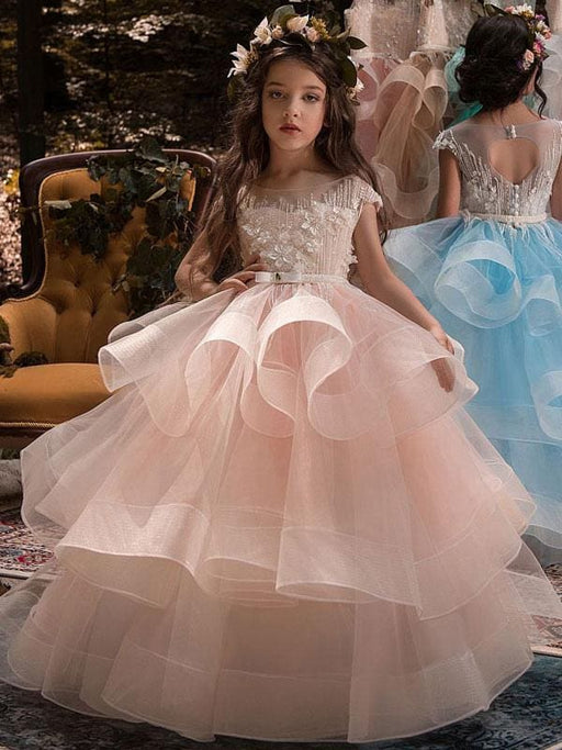 Flower Girl Dresses Jewel Neck Short Sleeves Applique Kids Social Pageant Dresses