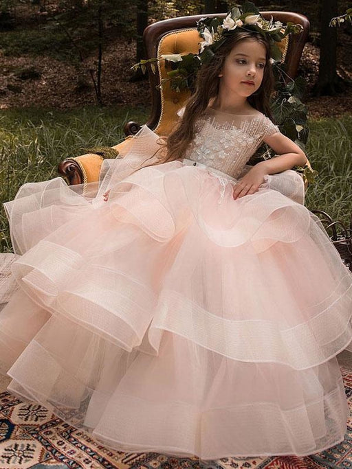 Flower Girl Dresses Jewel Neck Short Sleeves Applique Kids Social Pageant Dresses