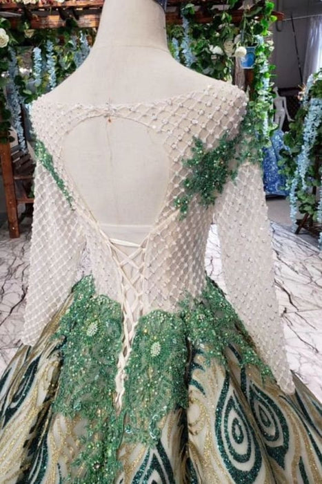 Unique Puffy Sleeves Long Graduation Dresses Sheer Neck Quinceanera Dress - Prom Dresses