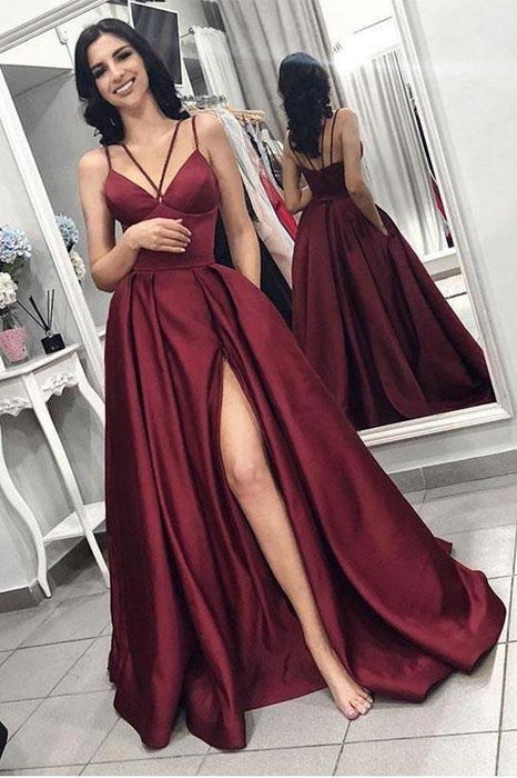 Unique Spaghetti Strap Satin Prom with High Slit Sexy Burgundy Evening Dress - Prom Dresses