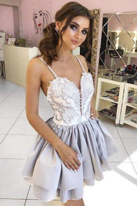 Unique Spaghetti Straps Satin Junior Dresses Short Homecoming Dress with Applique - Prom Dresses
