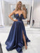 Unique Strapless V Neck Blue Satin Long Prom Dresses with High Slit, V Neck Blue Formal Graduation Evening Dresses