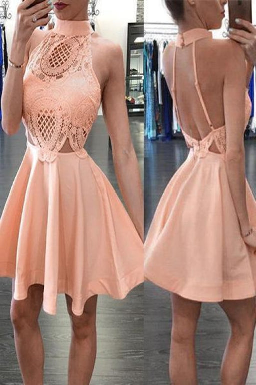Unique Style Peach High Neck Sleeveless Backless Homecoming Cheap Prom Dress - Prom Dresses