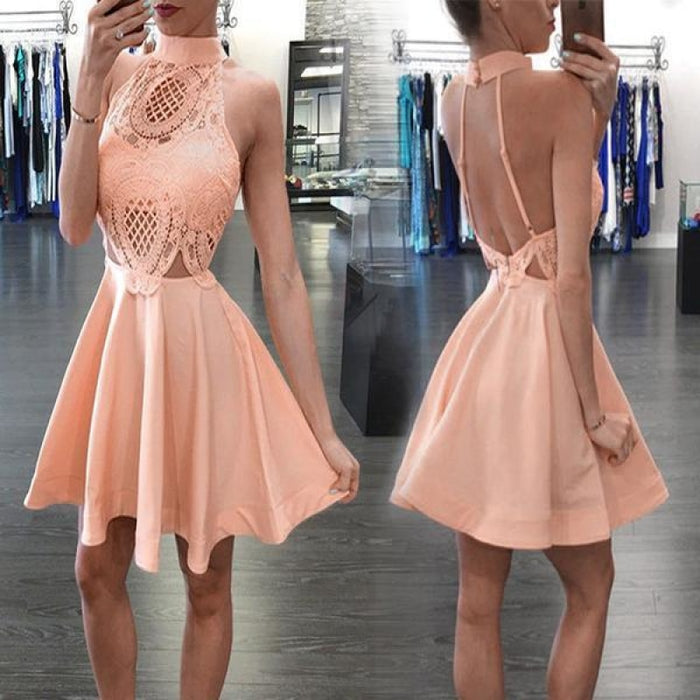 Unique Style Peach High Neck Sleeveless Backless Homecoming Cheap Prom Dress - Prom Dresses