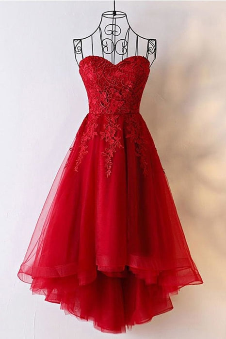 Unique Sweetheart Red High Low Lace Up Back Tulle Cheap Prom Dress With Appliques - Prom Dresses
