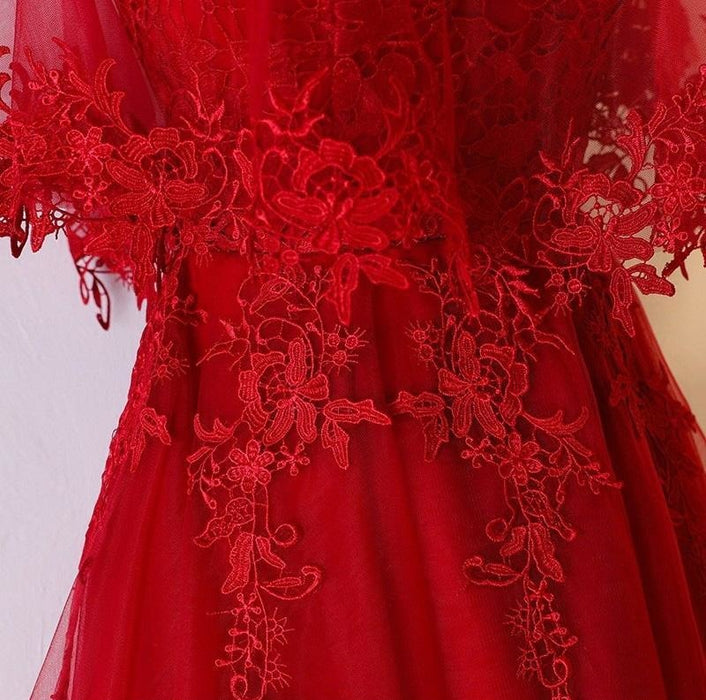 Unique Sweetheart Red High Low Lace Up Back Tulle Cheap Prom Dress With Appliques - Prom Dresses