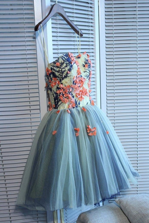 Unique Sweetheart Tulle Mini Homecoming Dress with Flowers A Line Short Prom Gown - Prom Dresses