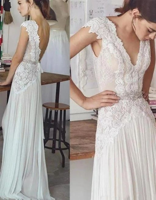 Unique V Neck Cap Sleeves Chiffon Beach Wedding Dress - Wedding Dresses