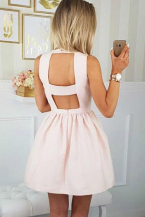 Unique V Neck Satin Homecoming Pocket Short Prom Dress with Open Back - Prom Dresses